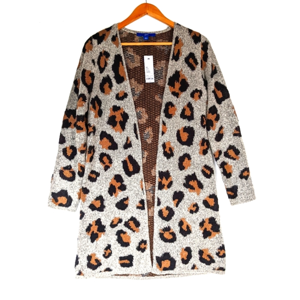APT 9 leopard animal print longline open front chunky cozy cardigan sweater